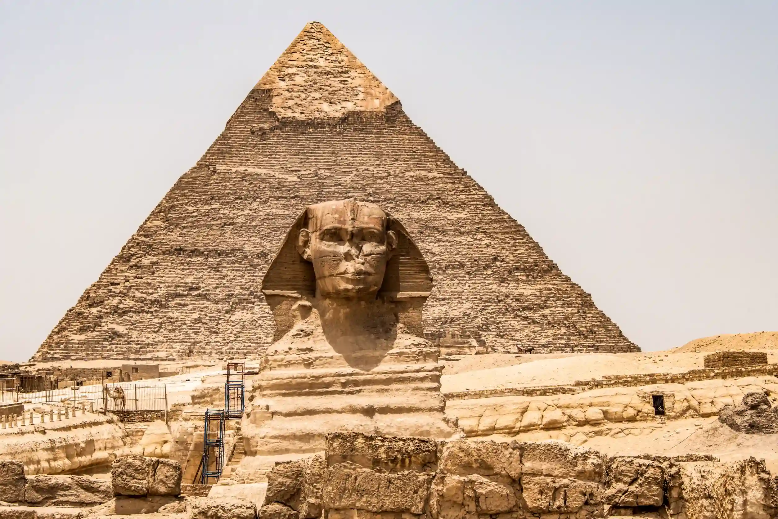 egyptian great sphinx full body portrait head with pyramids of giza