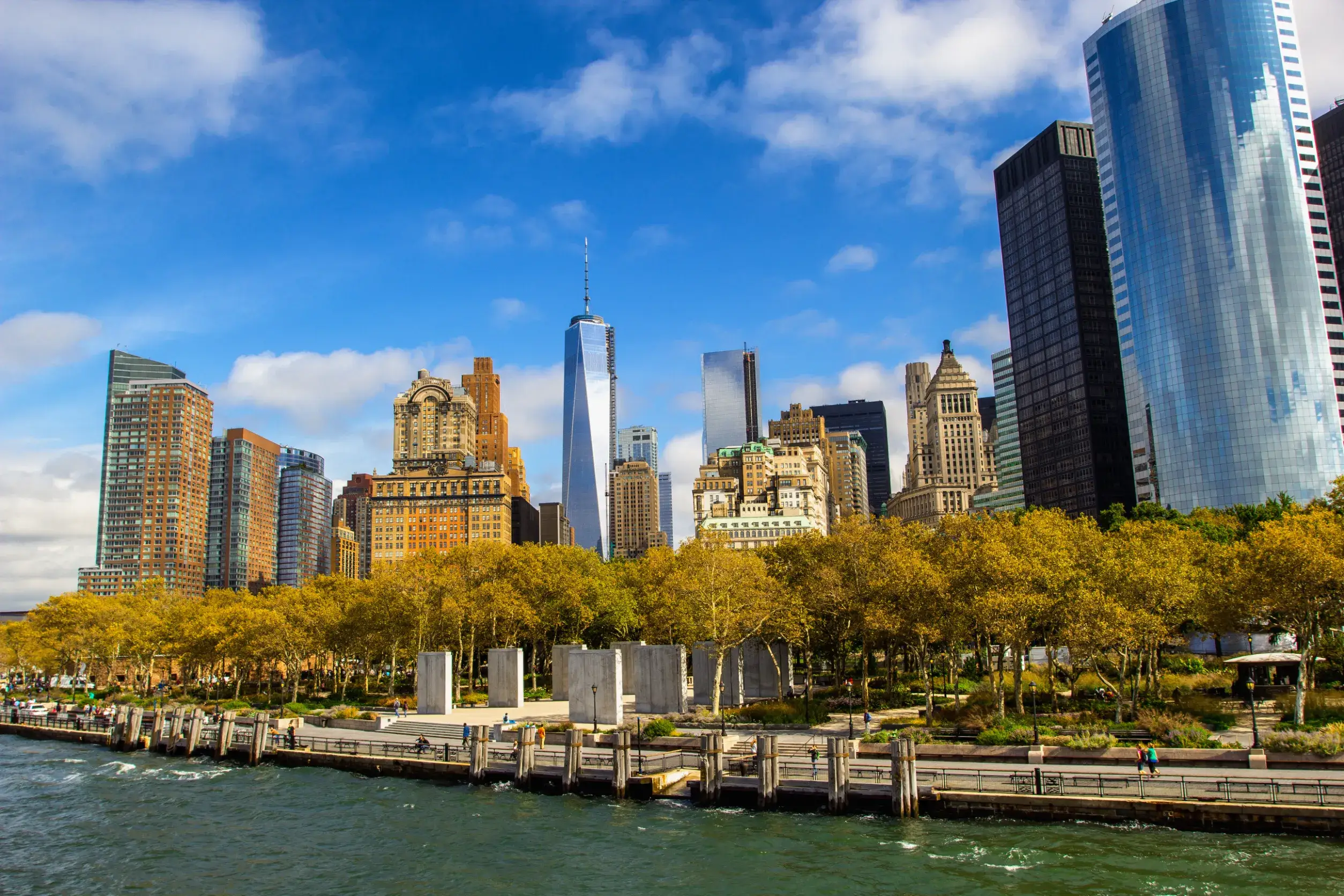 lower manhattan skyline view from ferry new york city usa