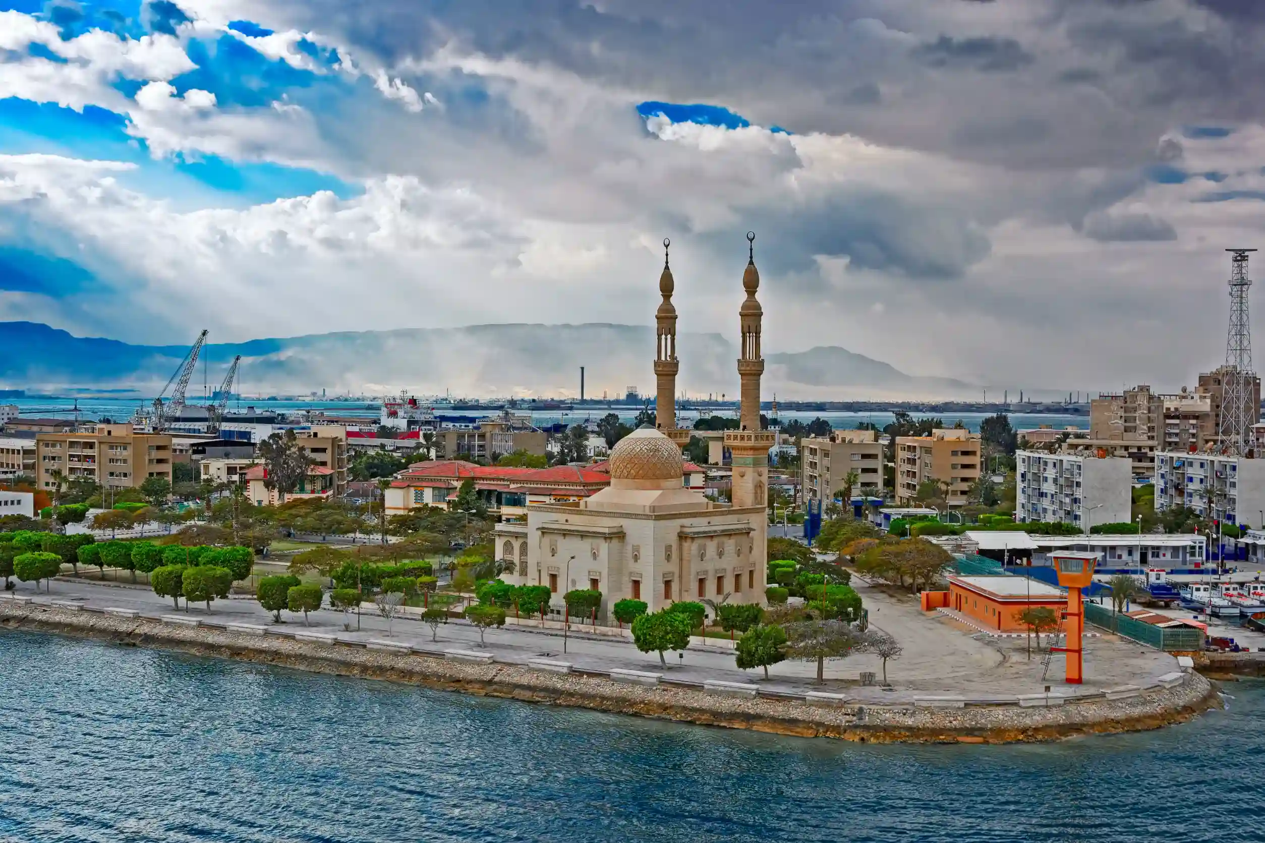 mosque on suez canal bank egypt